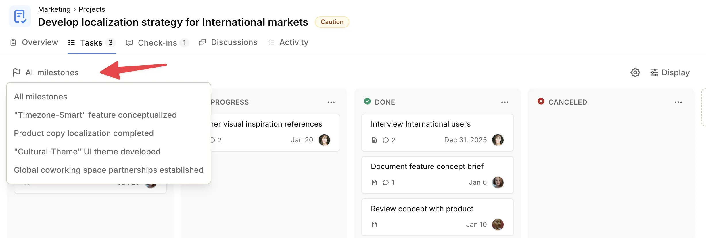 Screenshot: Filter tasks by milestone