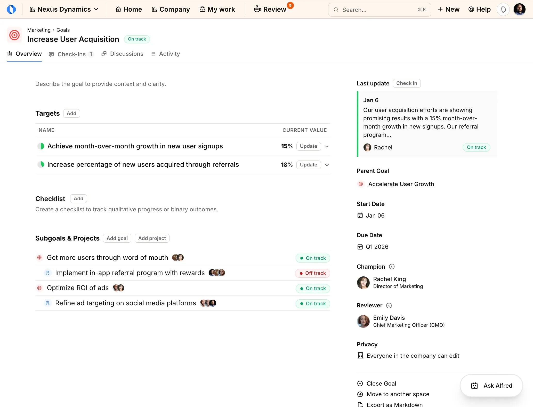 Screenshot: Goal page showing tabs and measures of success